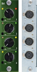 Front and rear panels of an audio device with four gain knobs, toggle switches, indicator lights, and four XLR female connectors.