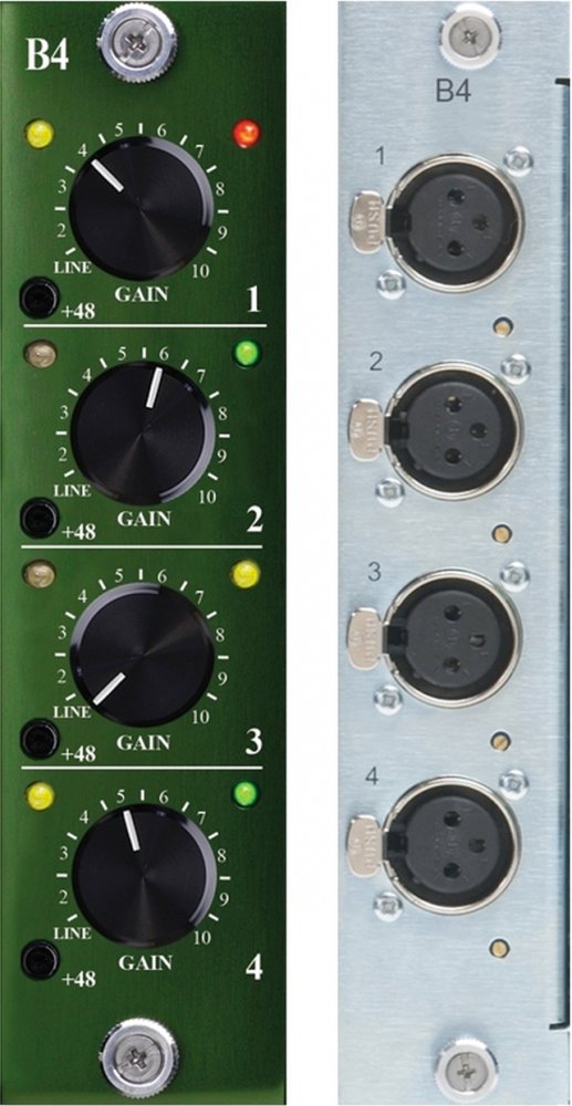 Front and rear panels of an audio device with four gain knobs, toggle switches, indicator lights, and four XLR female connectors.
