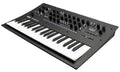 Black synthesizer with white and black keys, multiple knobs and slider switches, and a small display screen.