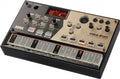 Black and beige KORG volca drum digital percussion synthesizer with knobs, buttons, and LED step sequencer.