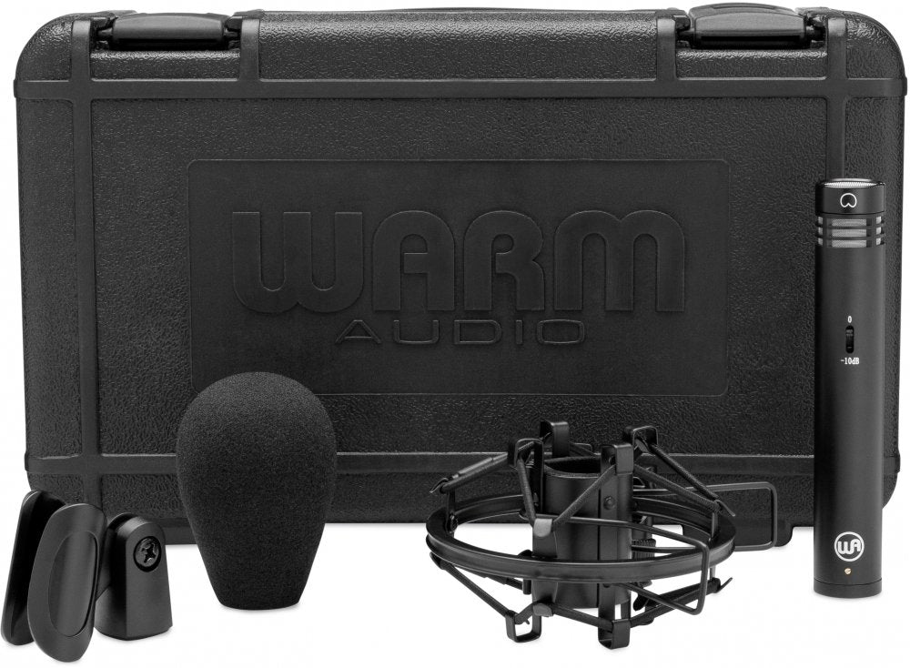 Black microphone with foam windscreen, shock mount, clip, and carrying case with Warm Audio branding.
