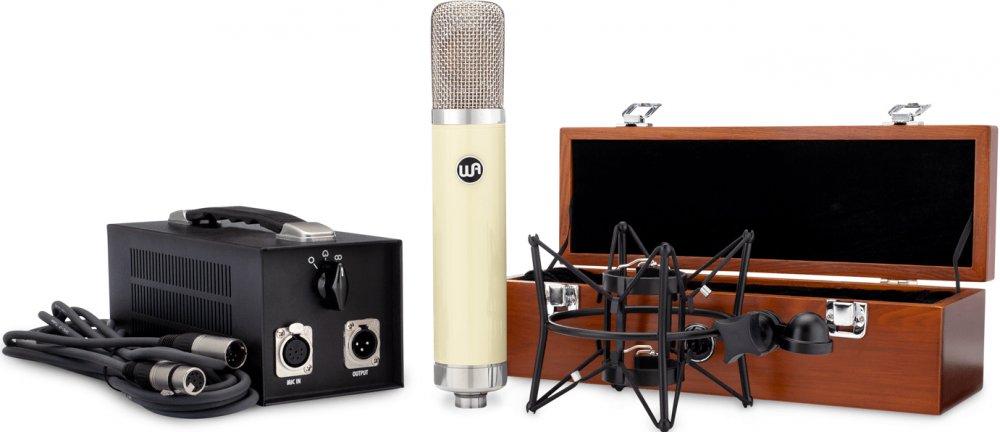 Studio microphone with power supply, shock mount, two cables, and wooden storage case on white background.