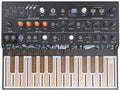 Top view of a black and white ARTURIA MicroFreak synthesizer with orange and gray controls and a small display screen.
