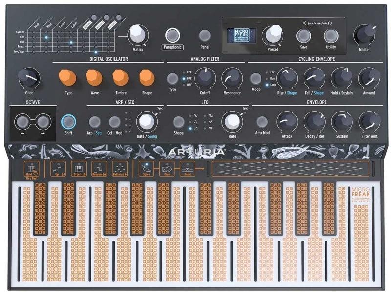 Top view of a black and white ARTURIA MicroFreak synthesizer with orange and gray controls and a small display screen.