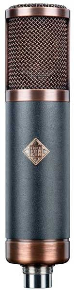 Tall cylindrical microphone with copper accents and a black mesh grille, featuring a circular connector at the bottom.