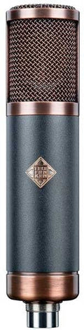 Tall cylindrical microphone with copper accents and a black mesh grille, featuring a circular connector at the bottom.