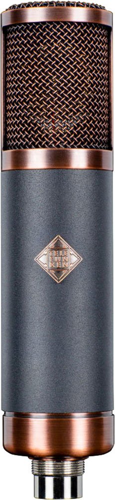 Close-up of a cylindrical studio microphone in copper and black with a visible metal mesh grille and TELEFUNKEN logo.
