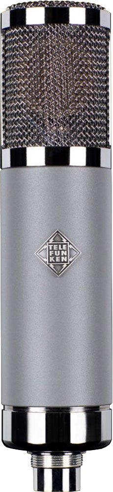 Silver and black metal microphone with mesh grille and TELEFUNKEN logo on the body, showing a multi-pin connector at the bottom.