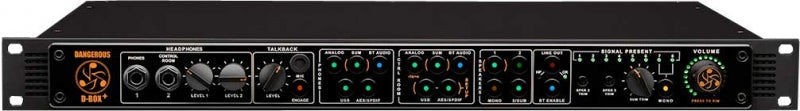 Front panel of a black audio mixer with multiple knobs, 1/4 inch headphone jacks, and input/output connectors.