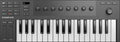 Black MIDI controller keyboard with 32 keys, multiple knobs, buttons, pitch and modulation wheels.