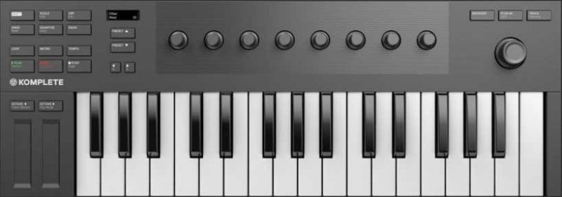 Black MIDI controller keyboard with 32 keys, multiple knobs, buttons, pitch and modulation wheels.