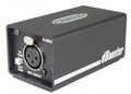 Black rectangular audio device with a female XLR microphone input and a two-position toggle switch on front panel.
