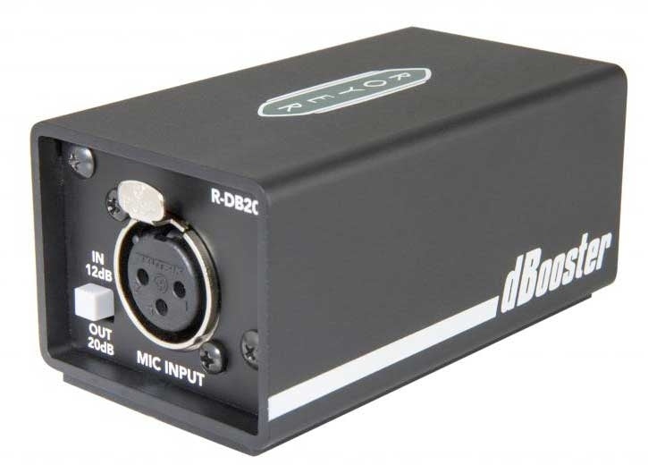 Black rectangular audio device with a female XLR microphone input and a two-position toggle switch on front panel.