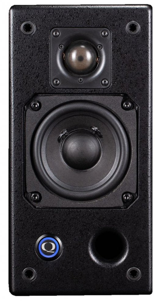 Front view of a black studio monitor speaker with two drivers and a circular port.