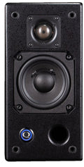 Front view of a black studio monitor speaker with two drivers and a circular port.