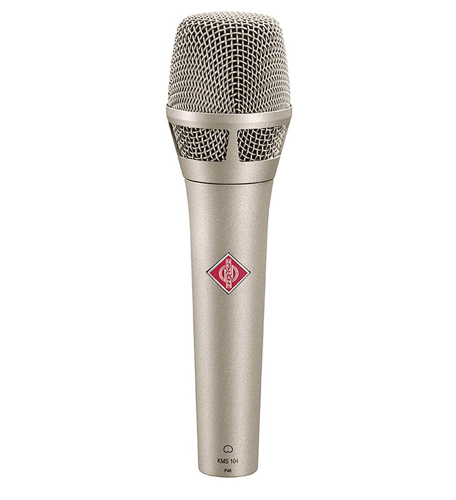 Silver handheld microphone with mesh grille and Neumann logo on the body.