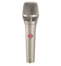 Silver handheld microphone with mesh grille and Neumann logo on the body.
