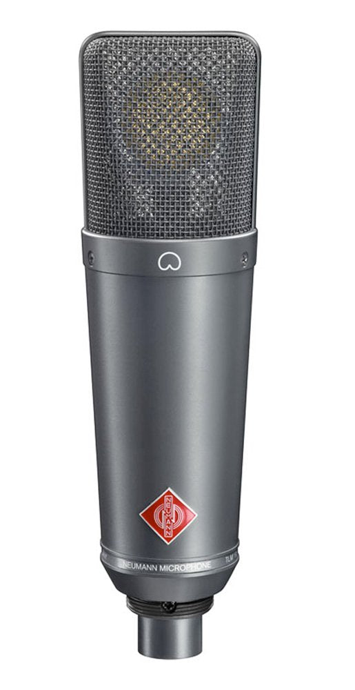 Gray metal condenser microphone with mesh grille and red Neumann logo on the body.