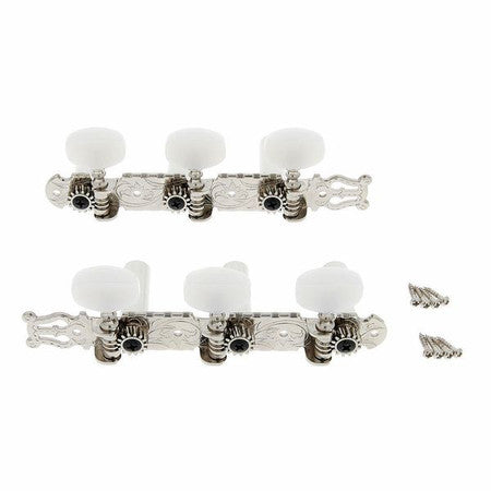 Set of two metal guitar tuner strips with white tuning pegs and accompanying screws on white background.