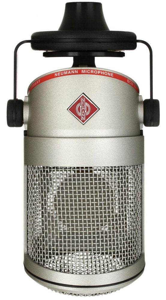 Silver and black Neumann branded microphone with metal mesh grille and red label ring.