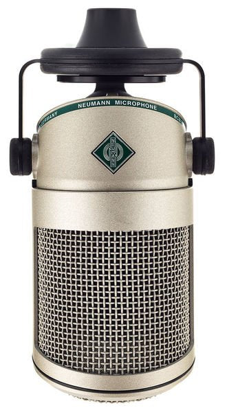 Silver and black Neumann microphone with wire mesh grille and suspension mount.