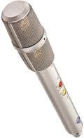 Silver condenser microphone with dual mesh capsules and colored rotary dials on the handle