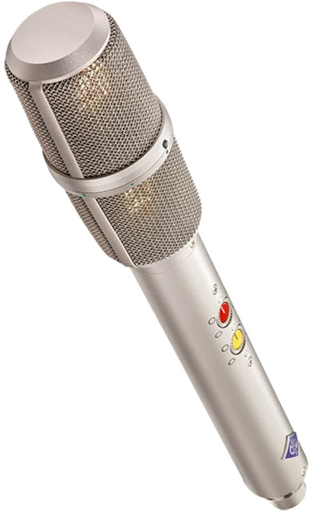 Silver condenser microphone with dual mesh capsules and colored rotary dials on the handle