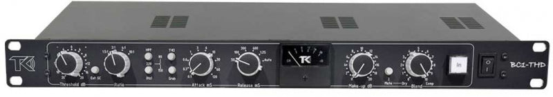 Black TK audio rackmount processing unit with multiple knobs, buttons, and a power switch on front panel labeled BC1-THD.