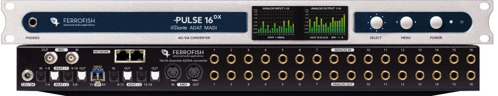 Front panel of an audio converter device with multiple analog inputs and outputs, Ethernet ports, and control knobs.