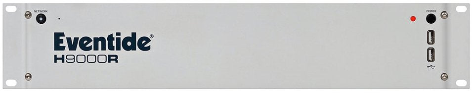 Front panel of an Eventide H9000R unit with network and two USB ports, power button with indicator light.