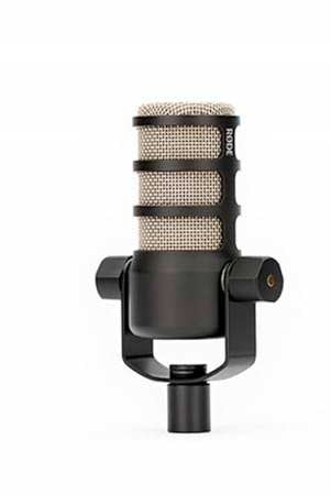 Black and silver microphone with mesh grille and adjustable mounting bracket shown against a white background.