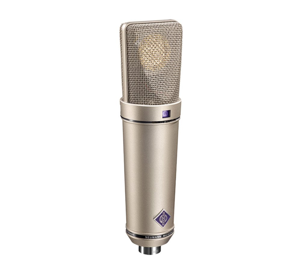 Silver cylindrical studio microphone with mesh head and Neumann logo on the body.