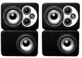 Front view of four black rectangular speakers, two smaller with multiple drivers and two larger subwoofers.