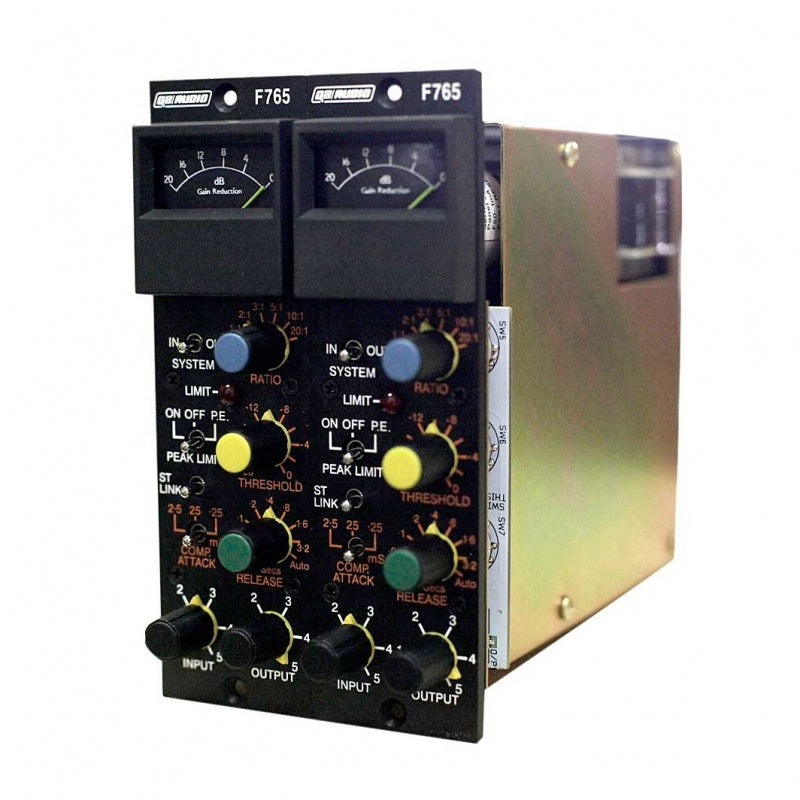 Close-up of a black audio processor module with multiple knobs, meters, and switches labeled with gain and compression controls.