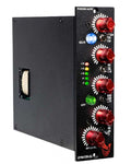 Black rack-mount audio equalizer module with red knobs, LED indicators, and toggle switches.