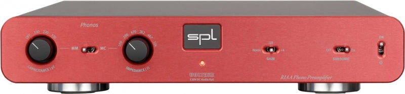 Front view of a red SPL Phonos preamp with knobs, toggle switches, and indicator light on metal casing.