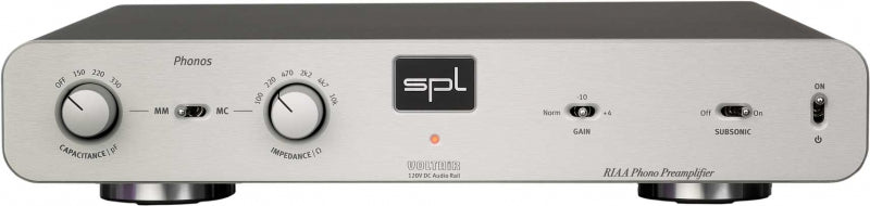 Silver audio preamplifier with knobs and switches labeled Phonos, Gain, and Subsonic.