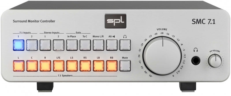 Front view of SPL SMC 7.1 surround monitor controller with buttons, volume knob, and headphone jack.