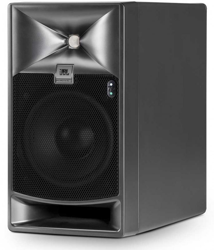 Black studio monitor speaker with JBL Professional logo and a power indicator light on the front.