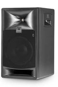 Black JBL studio monitor speaker with front grille and horn-loaded tweeter