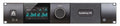 Front panel of a black audio interface device with screen, control knob, headphone jack, power button, and Symphony I/O label.