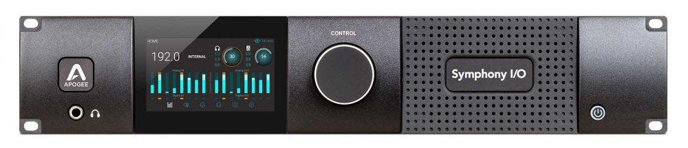 Front panel of a black audio interface device with screen, control knob, headphone jack, power button, and Symphony I/O label.