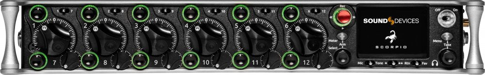 Front view of the Sound Devices Scorpio, a compact black portable 32-channel mixer-recorder with rows of rotary channel controls, a 320x240 LCD display, transport controls, and headphone connectors on its panel.