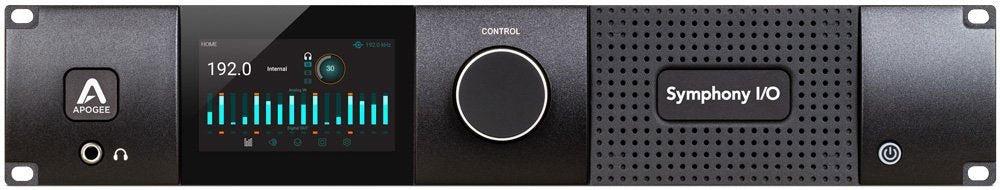 Black rackmount audio device with a control knob, screen showing audio levels, headphone jack, and power button.