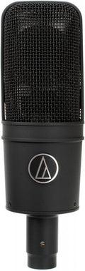 Black studio microphone with metal grille and circular connector base shown from front view.
