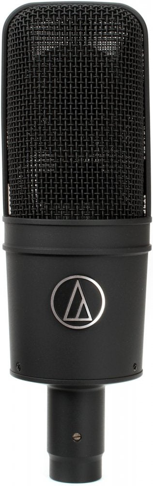 Black studio microphone with metal grille and circular connector base shown from front view.
