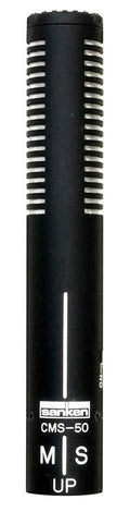 Black cylindrical microphone with slotted grille and white text markings including brand and model.