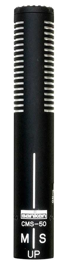 Black cylindrical microphone with slotted grille and white text markings including brand and model.
