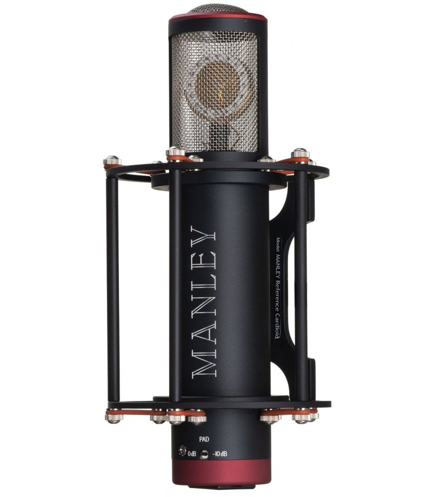 Black and red cylindrical microphone with protective cage, mesh grille, and a PAD switch with 0dB and -10dB settings.