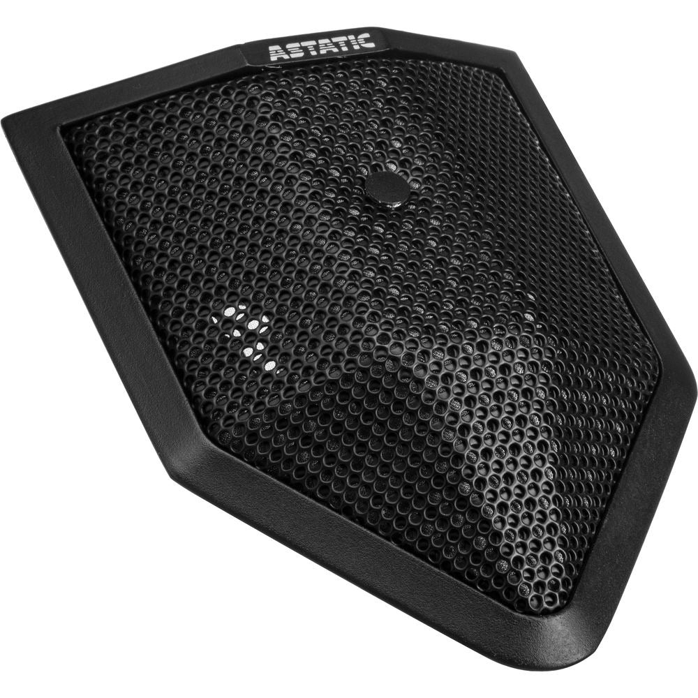 Black boundary microphone with metal mesh grille and plastic border labeled Astatic.
